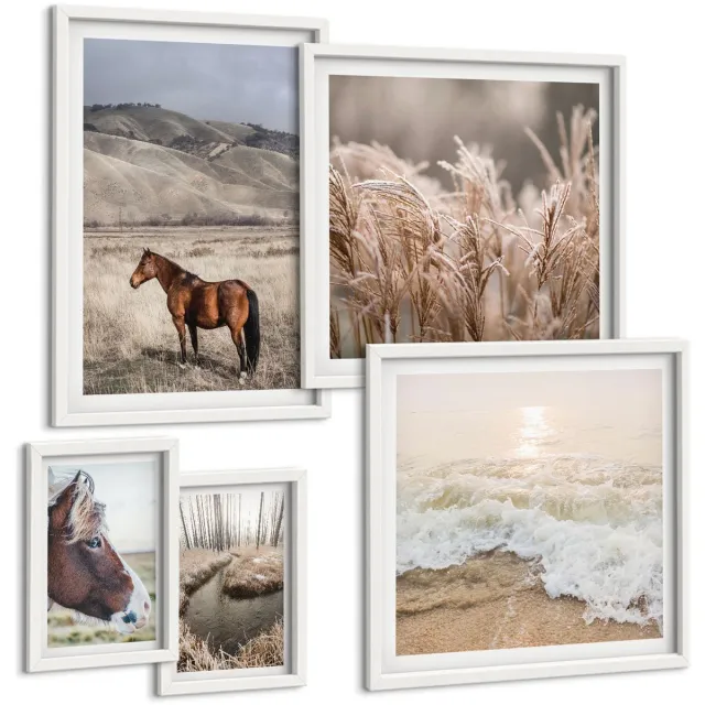 TULUP 4-Delige Schilderij Set - Natuurlandschappen met paarden en kalm water - 50 x 50 cm, 20 x 30 cm en 40 x 60 cm - Stijlvolle Muurdecoratie - Slaapkamer - Moderne Wanddecoratie Witte lijst
