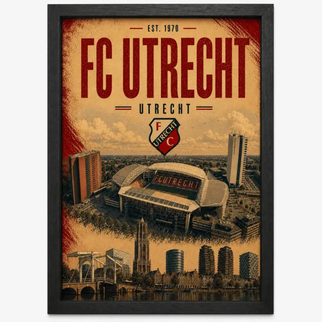 Joshimo FC Utrecht Poster | Stadion Galgenwaard Vintage Art Print | Retro Voetbal Poster | Inclusief Zwarte A3 Lijst
