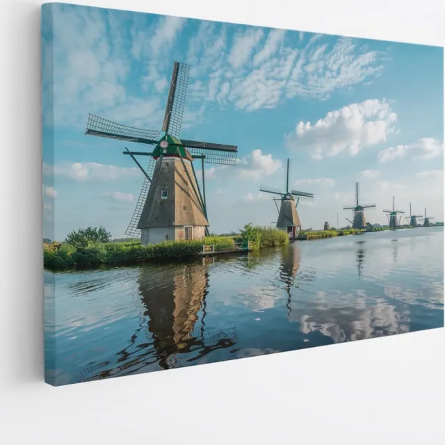 Saammp Canvas Schilderij -Molens op een rij - Zonsondergang - Landschap - Natuur - 90x60 - Foto op canvas - Wanddecoratie - Muurdecoratie Woonkamer - Slaapkamer decoratie - Canvas Print Multicolor