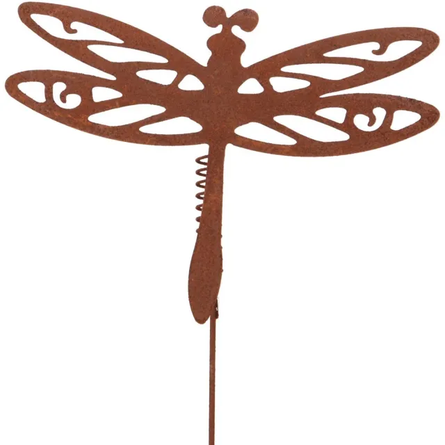 UNUS Tuinsteker libelle met wiebelveer klein in roestlook - Decoratie voor buiten - Tuin - Metaal - Tuindecoratie voor buiten Bruin
