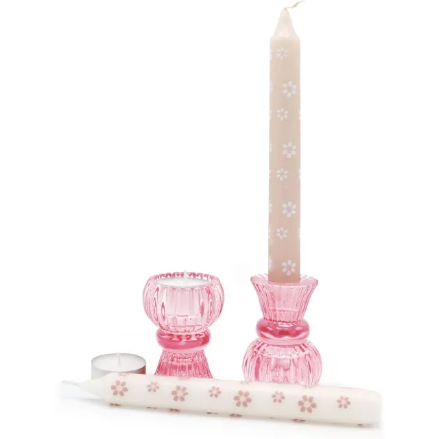 Ideas4seasons Cadeauset / giftset kaarsenhouder roze inclusief 2 kaarsen en 2 waxinelichtjes, roze, glazen kandelaar, complete set, cadeau idee verjaardag, cadeau idee Moederdag