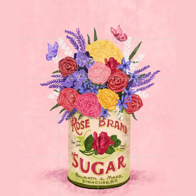 IXXI Flower in a vintage can, Raissa Oltmanns - 80 x 100 cm - Grote wanddecoratie en posters - Illustraties, Aquarel, Decoratieve kunsten, Kleurrijk Roze