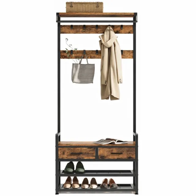 Sello! kapstok met schoenenbank – multifunctioneel – staand – schoenenrek– lades –zitfunctie tot 100kg – 182x81cm – hout – zwart bruin hout