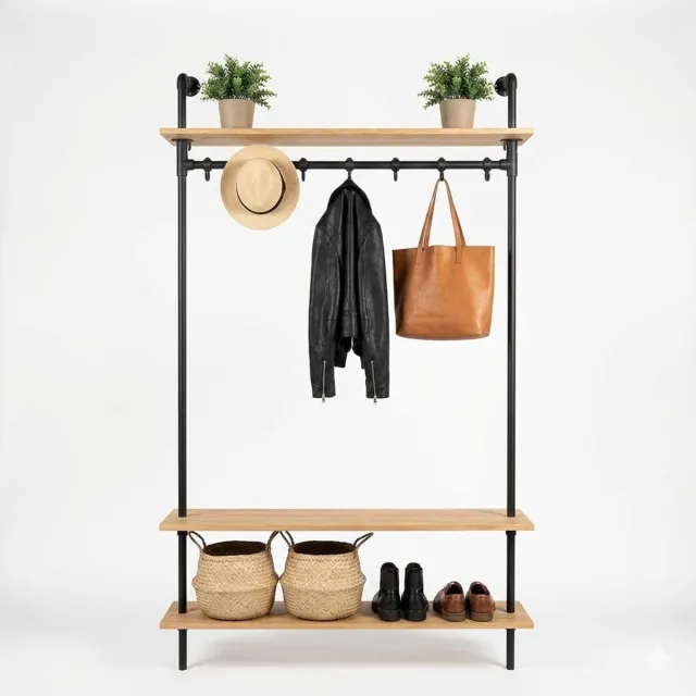 Design85 Industriële Kapstok 120 cm – Eiken Naturel & Staal – Design85 Roem Zwart en Naturel