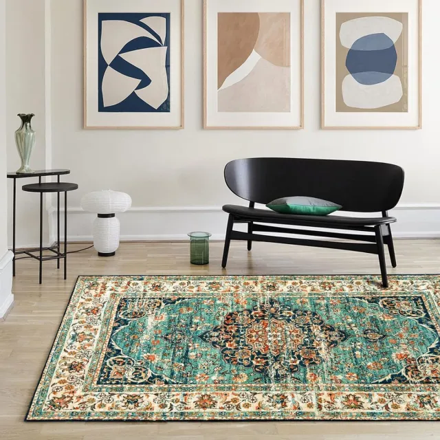 CHOSHOME Wasbaar vloerkleed voor woonkamer , vintage, laagpolig tapijt met oosters design, groot, zacht vloerkleed voor eetkamer, slaapkamer, antislip, kunstwol, boho, voor binnen en groen