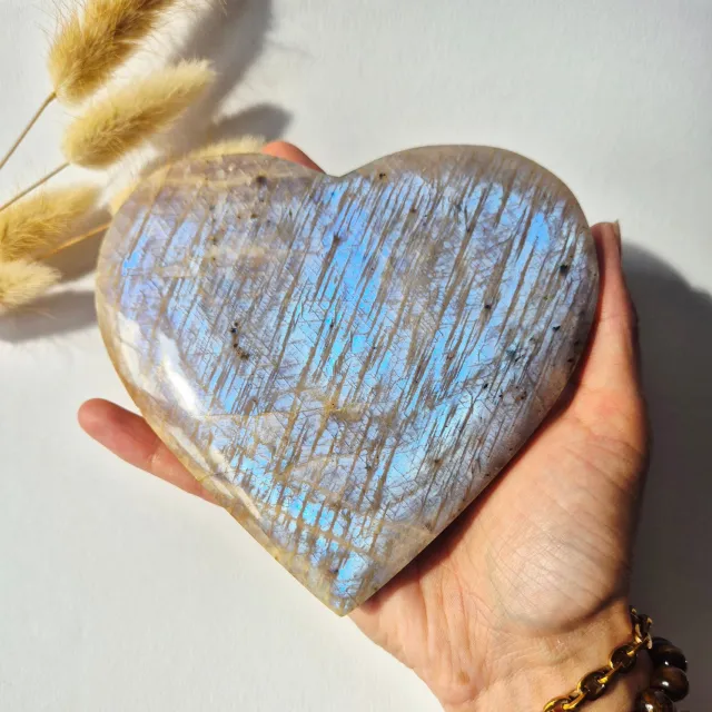 Moonlight Gemstones XL Flashy Blauwe Maansteen Hart – 500 gram (13cm) Meerkleurig