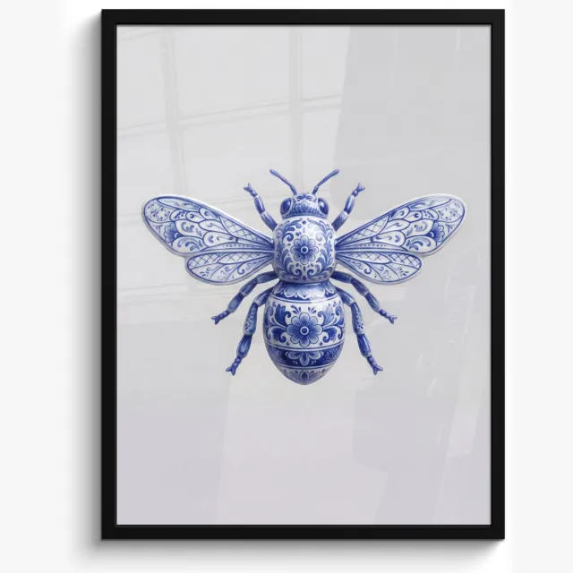 FrameYourWall Poster in lijst - Fotolijst 60x80 cm - Posters - Bij - Modern - Delfts - Blauw - Posterlijst zwart - Decoratie - Wanddecoratie woonkamer - Muurdecoratie slaapkamer