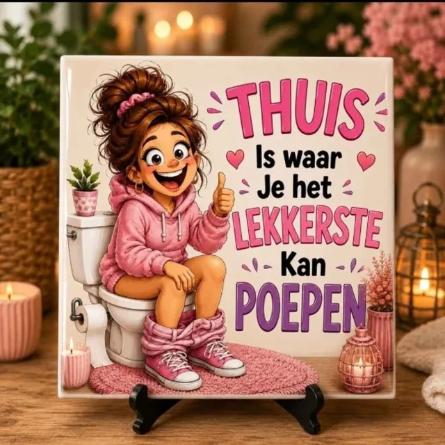 O.T.Trends Grappig WC Tegeltje – "Thuis is waar je het lekkerste kan poepen" – Hilarisch Toilet Cadeau – Keramisch Tegeltje 15 x 15 cm Multie