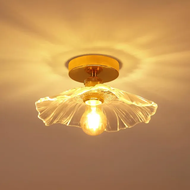 Haobosic Plafondlamp voor in de hal, E27 gouden glazen bloemplafondlamp, kleine plafondlamp van helder glas, diameter 28 cm, zonder lamp
