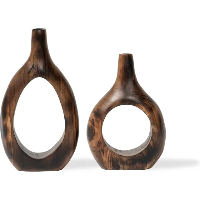 Dua Living Torus design vaas hout - bruin - teakhout - decoratie ornament - modern - rond - set van 2 Donkerbruin zwart