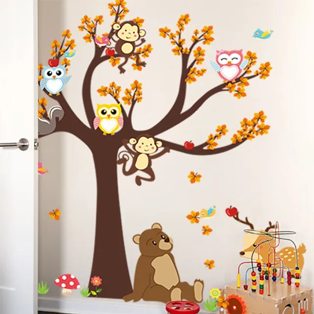 Ambiance Sticker Gigantische boom muurstickers met uil, aap en beer Multi color