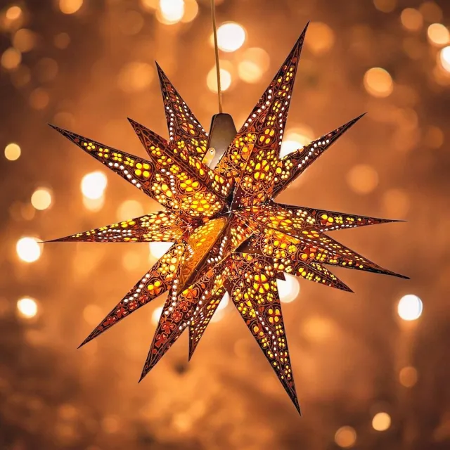 MoreThanHip Multipoint 3D kerstster papier met verlichtingskabel - Jaipur oranje/geel - 60 cm diameter - 18 punten - Kerstster voor binnen - Incl. 3 m. snoer met stekker, schakelaar en E14-fitting - Raamdecoratie - Kerstversiering - Kerstverlichting 3D - veelpuntig