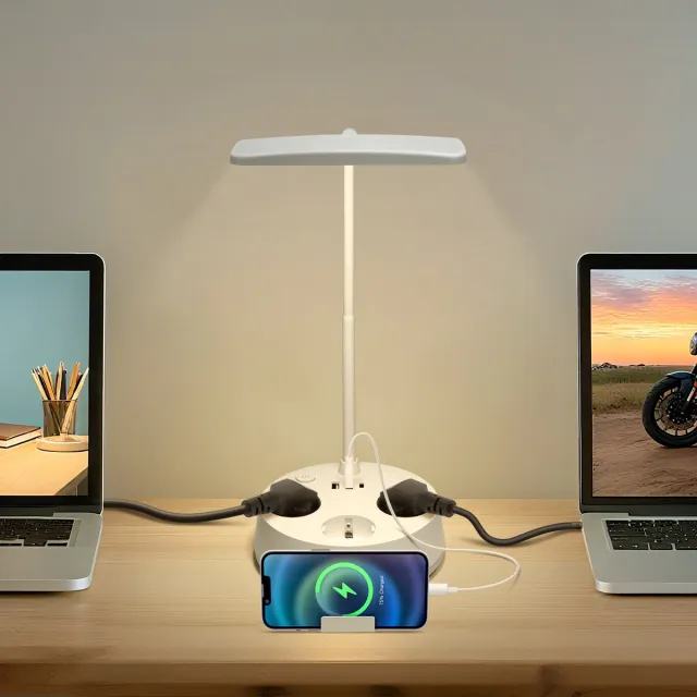 Aigostar 1043R - LED Bureaulamp Dimbaar - 3 Stopcontacten - 3 USB Poorten - Leeslamp - Bedlamp - LED Desk Lamp - Touch Control - 4.6 W - Wit