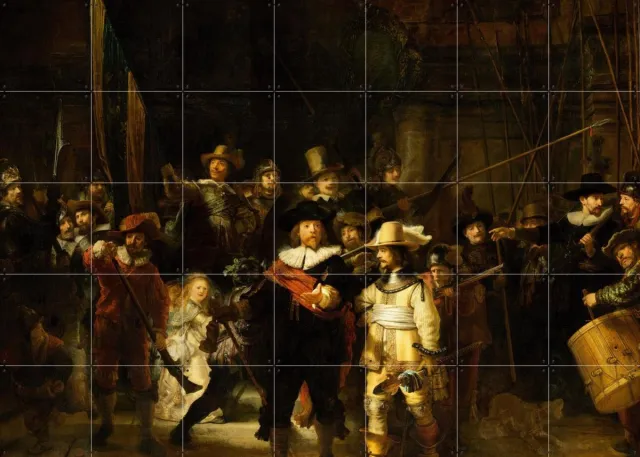 IXXI De Nachtwacht, Rembrandt van Rijn & Rijksmuseum - 140 x 100 cm - Grote wanddecoratie en posters - Klassiek, Olieverf, Woonkamer, Stad, Mensen Donkere tinten / Zwart