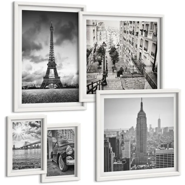 TULUP 4-Delige Schilderij Set - Stedelijke landschappen met iconen van wereldarchitectuur - 50 x 50 cm, 20 x 30 cm en 40 x 60 cm - Muurdecoratie - Wanddecoratie - Slaapkamer - Moderne Wanddecoratie Witte lijst