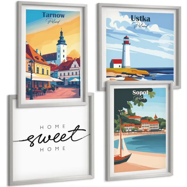 TULUP 4-Delige Schilderij Set - Uitzicht op de Poolse steden Ustka Tarnów Sopot - 40 x 40 cm en 40 x 60 cm - Wanddecoratie - Muurdecoratie - Moderne Interieurdecoratie - Stijlvolle Muurdecoratie Zilveren lijst