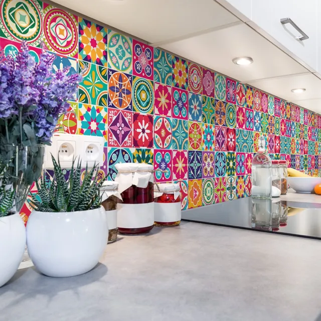 Ambiance Sticker Zelfklevende tegelmuurstickers voor keuken en badkamer - 30 Azulejos Amy cementtegelstickers - 30 stickers 20x20cm Multi color