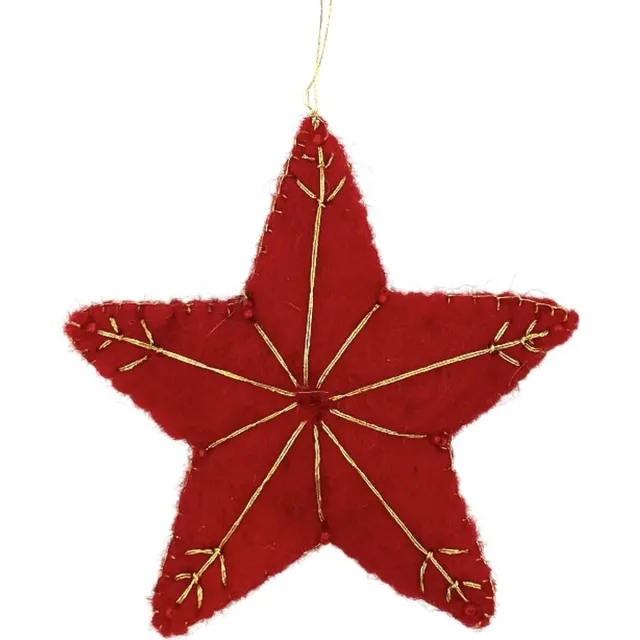 luna-leena duurzame ster hanger - rood en goud draad - vilt wol - handgemaakt in Nepal - star hanger - kersthanger - kerstster - kerstcadeau - kerstboom hanger - cadeau - kado - kerst gift - kerstfeest - kerstdecoratie