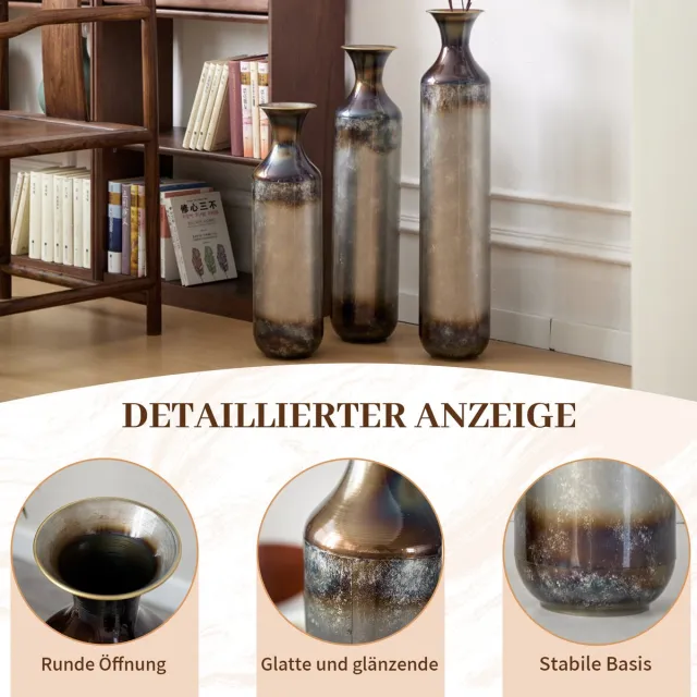 MIVRAY Vaas – 3-Delige Handgemaakte Vintage-Optiek – 51,8 62 72 cm – Massief Metaal – Goud Wit – Voor Droogbloemen en Hal
