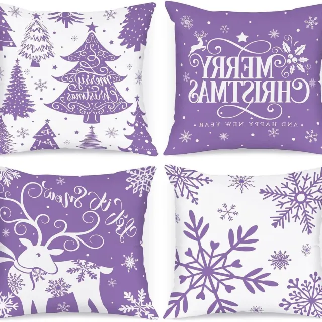 Cosensi Kerst kussenslopen set van 4 - Wit en paars - Decoratieve marineblauwe winter sneeuwvlok Xmas kussenhoes - 40 x 30 cm - Geschikt voor binnenshuis - Voor huisbank - Paars thema - Sierkussensloop - 40,6 cm - Winterdecoratie Any