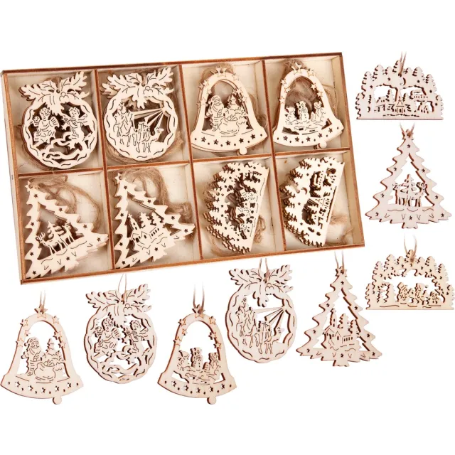 Brubaker 24-Delige Kersthanger Set - Houten Boom Decoraties ca. 6 cm - Engelen Klokken Dennenboom - Deco Hanger Kerst - Houten Hanger Kerstboom - Kerstboom Decoraties Braun