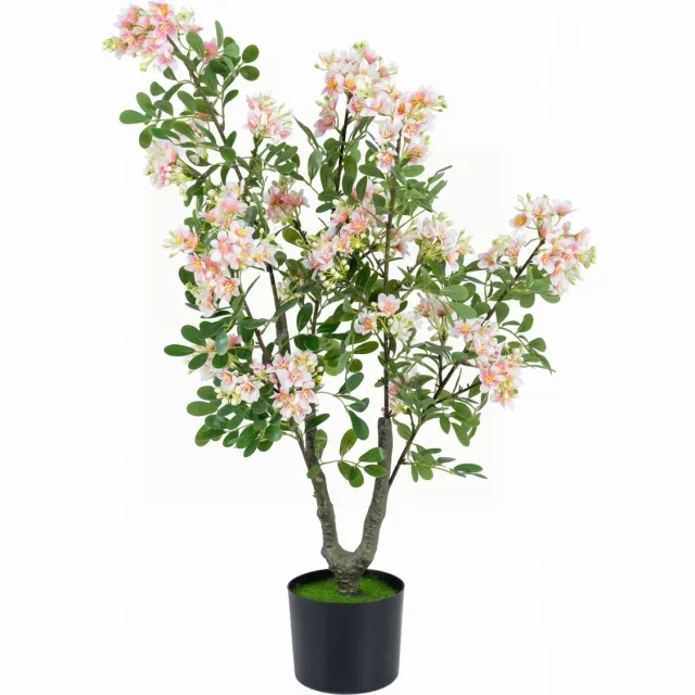 Costway Kunstmatige Impatiens Boom 90 cm Kunstbloem Cement Pot | met Kunstgras 5 Bloeiende Takken, Kunstplant Binnen Buiten voor Decoratie van Woonkamer Slaapkamer Kantoor Groen, Roze