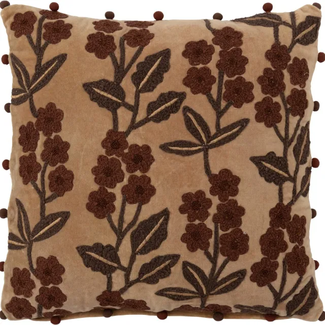 J-Line kussen Bloemen + Bladeren Vierkant - katoen - camel/bruin