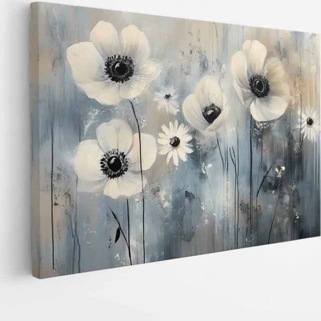 Saammp Canvas Schilderij - Zwart-Wit Anemonen - Natuur - Abstract - 45x30 - Foto op canvas - Wanddecoratie - Muurdecoratie Woonkamer - Kantoor Decoratie Multicolor