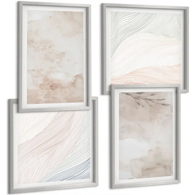 TULUP 4-Delige Schilderij Set - Aquarelvlekken en bladeren in pastelkleuren - 40 x 40 cm en 40 x 60 cm - Schilderijen Set - Wanddecoratie - Woonkamer Zilveren lijst