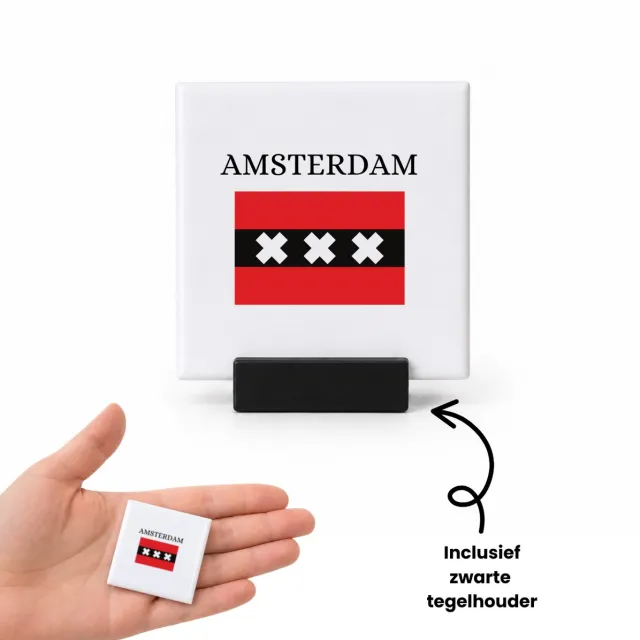 Hacebo Amsterdam tegeltje met tegelhouder - Amsterdam - Amsterdammers - tegeltjes met tekst - Amsterdam liefhebbers - Vlag XXX - Hoofdstad Nederland - spreuktegels - 4.8x4.8 CM Wit
