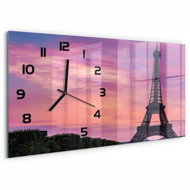 TULUP Wandklok - Eiffeltoren Parijs Glazen Klok Met Print - 60x30 cm - Roze Wandklok Glas Met Motief - Zwarte handen - Rechthoekige Klok - Wandklok Glas Decoratie - Gekleurde Glazen Klok