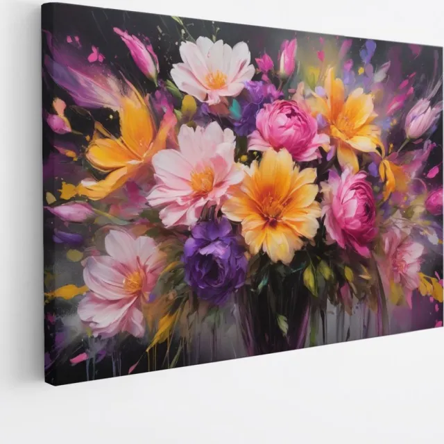 Saammp Canvas Schilderij - Abstracte bloemen in vaas - kleurrijk - Natuur - 70x50 - Foto op canvas - Wanddecoratie - Muurdecoratie Woonkamer - Kantoor Decoratie Multicolor