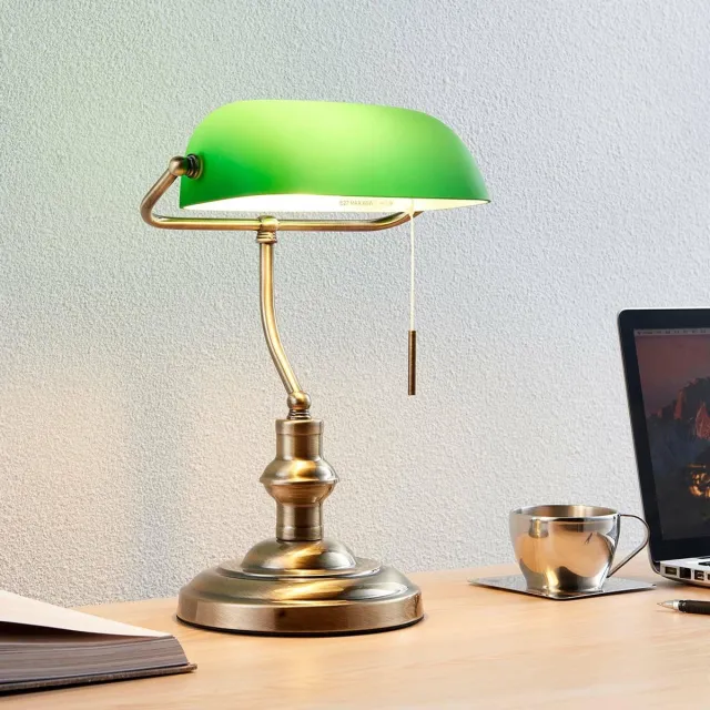 Lindby bureaulamp - 1licht - Metaal, glas - H: 38 cm - E27 - antiek messing, groen