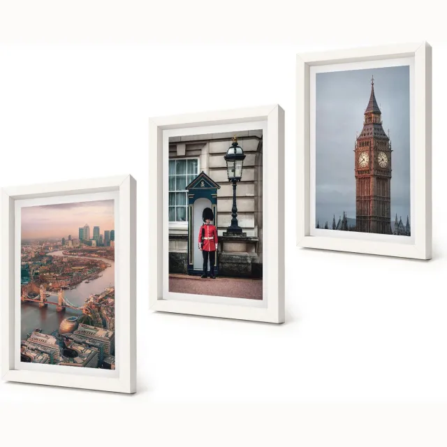 Coloray 3-Delige Schilderij Set - Uitzicht op Londen met de brug en de Big Ben. - 20x30 - Moderne Wanddecoratie - Woonkamer - Stijlvolle Muurdecoratie Witte lijst