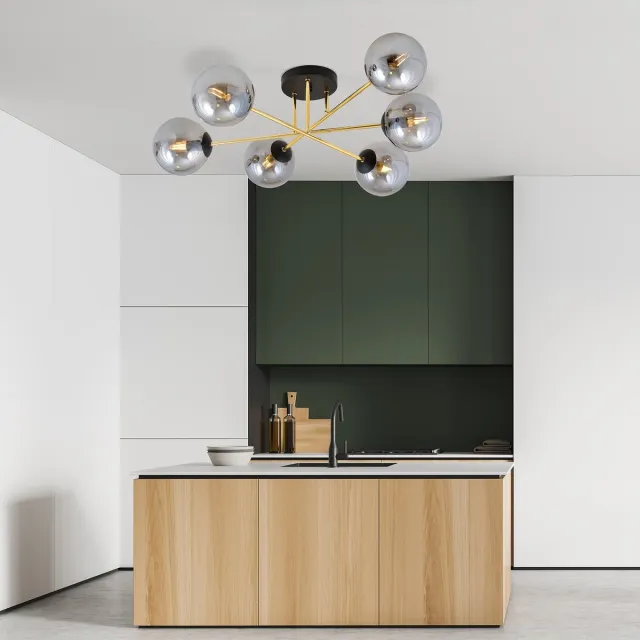 Euluna plafondlamp - 6lichts - Staal, glas - H: 26 cm - E14 - zwart, goud, grafiet