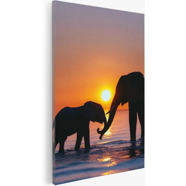 Saammp Canvas Schilderij - Olifanten met zonsondergang - Dieren - Natuur - 30x40 - Foto op canvas - Wanddecoratie - Muurdecoratie Woonkamer - Slaapkamer decoratie - Canvas Print Multicolor