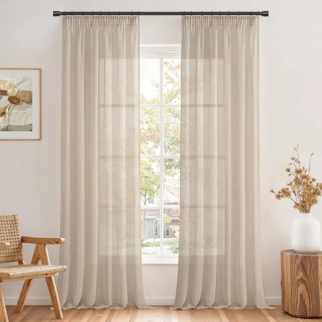 Famanu Set van 2 transparante gordijnen met ruffle tape - 140 x 300 cm - lichtdoorlatend - woonkamer en slaapkamer - Japandi stijl beige