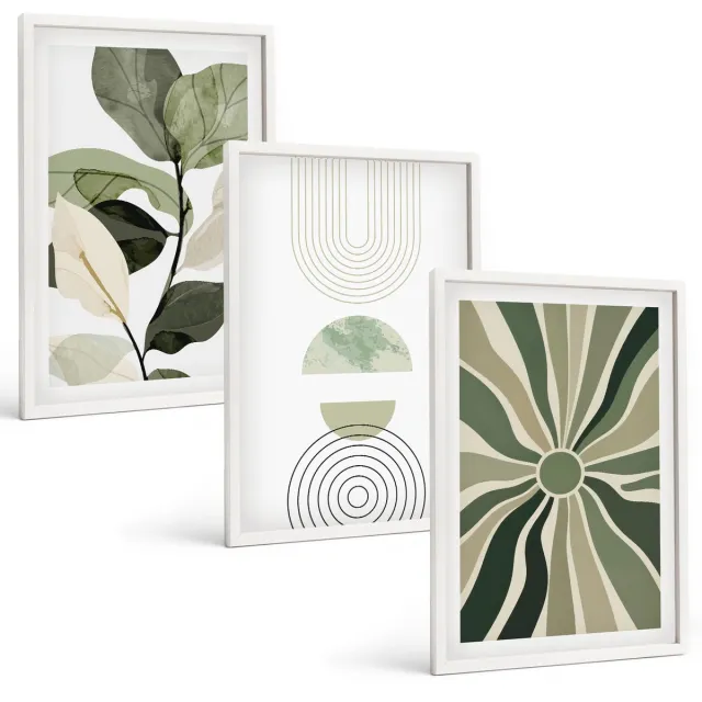TULUP 3-Delige Schilderij Set - Plantmotieven met geometrische vormen in groen - 40x60 - Decoratieve Schilderijen - Wanddecoratie - Hal - Moderne Wanddecoratie Witte lijst