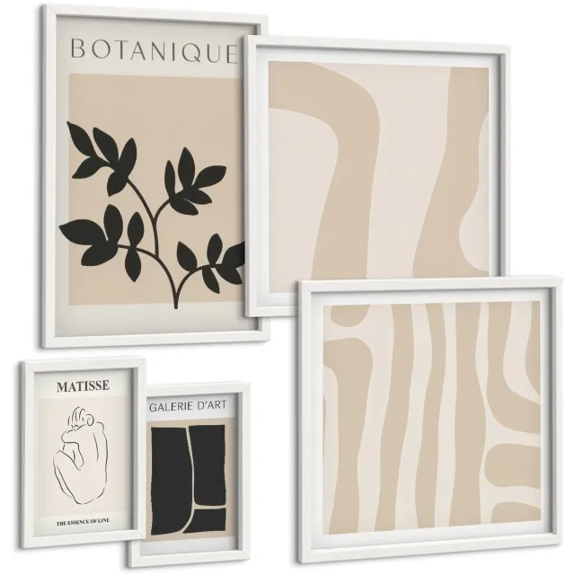 TULUP 4-Delige Schilderij Set - Stijlvolle afbeeldingen met plantmotieven en abstracte vormen. - 50 x 50 cm, 20 x 30 cm en 40 x 60 cm - Wanddecoratie - Schilderijen Set - Interieur Witte lijst