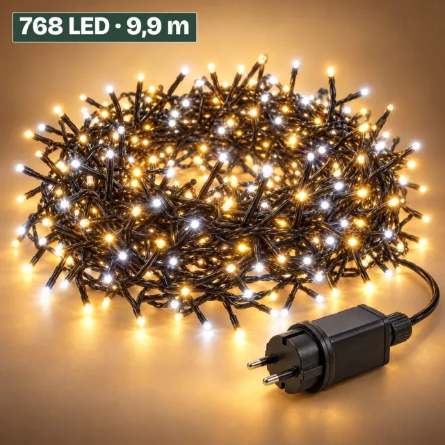 Levano Kerstverlichting Buiten 768 LED 9,9 m - Cluster Kerstverlichting - Lichtsnoer Buiten - Kerstboomverlichting - Kerstlampjes - Kerstlichtjes - Clusterverlichting - Lichtslinger - LED Verlichting - Kerstboom Lampjes - Timer - Warm Wit en Wit