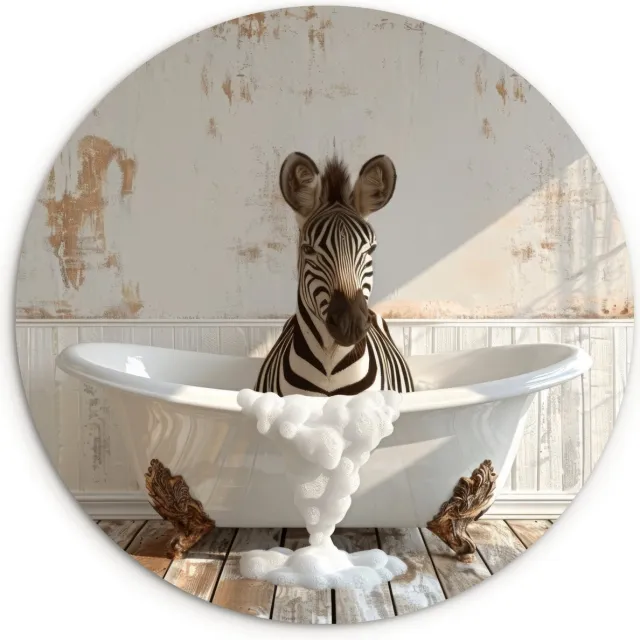 WallCircle Wandcirkel 120x120 cm - Muurcirkel Vintage - Zebra - Wilde dieren - Badkuip - Schuim- Humor - Badkamer - Muurdecoratie woonkamer - Wanddecoratie slaapkamer - Kamer decoratie accessoires - Ronde schilderijen - Woonaccessoires Zebra - Badkuip