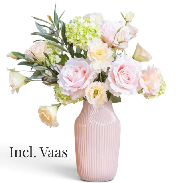 BLOOM & VESSEL Zijden Rozenboeket met Vaas – 60 cm – Boeket Pearl – Roze Rozen – Kunstbloemen – Nepbloemen Roze, Groen, Lilac