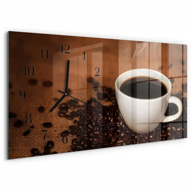 TULUP Wandklok - Warme koffie Moderne Wandklok Glas - 60x30 cm - Bruin Wandklok Glas Decoratie - Zwarte Handen - Rechthoekige Wandklok - Klok Glas Met Opdruk - Moderne Wandklok Glas