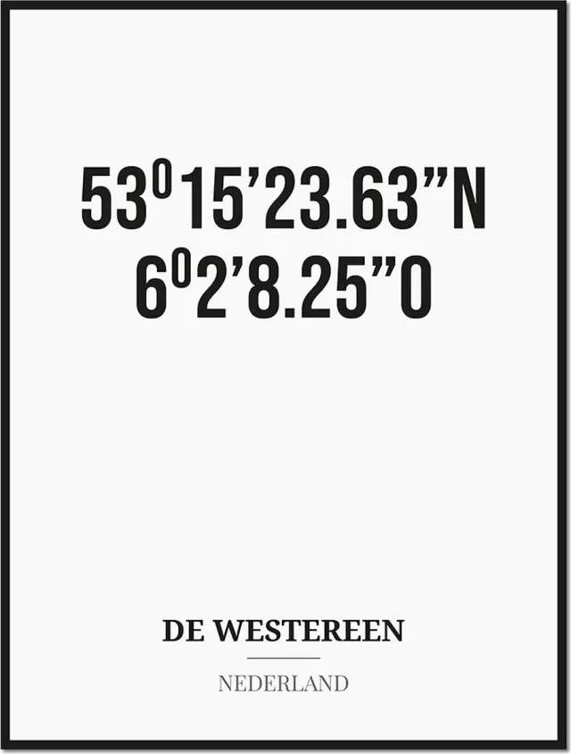 Studio216 Poster/kaart DE WESTEREEN met coördinaten zwart, wit