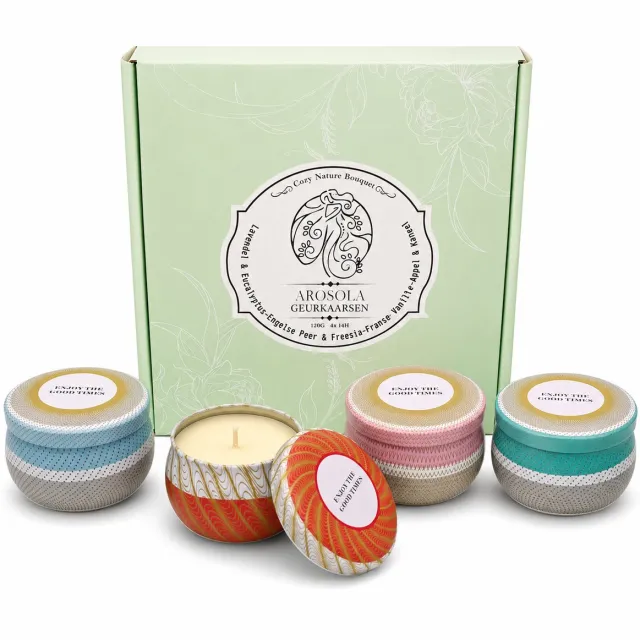 Arosola® Cozy Nature Bouquet Geurkaarsen Set - 4 stuks - 4 Luxe natuurlijke geuren - 90 Branduren - Cadeaudoos