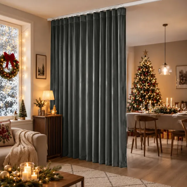 MUPOO Gordijn met Flexibele Plafondrail en 1 Paneel - Scheidingsgordijn van Polyesterfluweel met 75% Lichtdemping - Velours Gordijn voor Slaapkamer, Woonkamer en Kast - Donkergrijs - 254 x 274 cm - 1 Stuk
