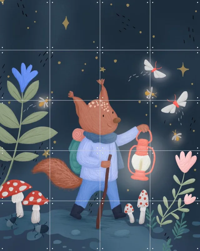 IXXI Adventure Squirrel, Studio Phie - 80 x 100 cm - Grote wanddecoratie en posters - Fantasierijk, Digitale Kunst, Illustraties, Speels, Kleurrijk Blauw