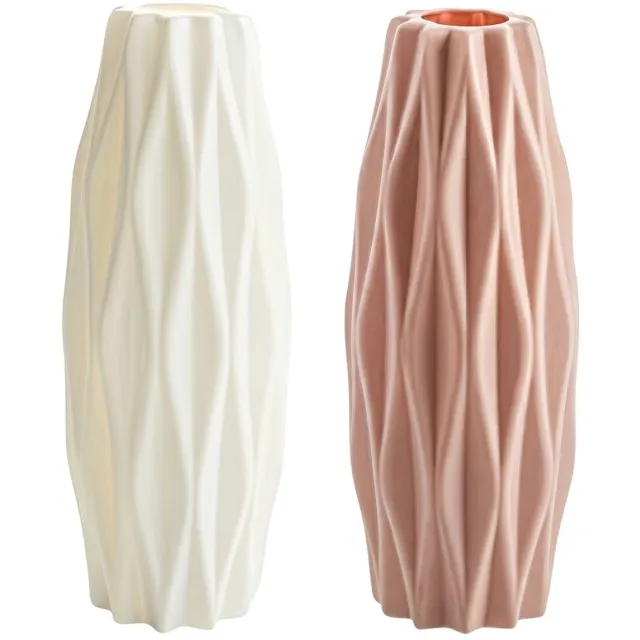NUVEX Wit en roze vazen set kunststof met reliëf structuur – 2 stuks smalle hoge bloemen vazen met keramiek look voor interieur decoratie woonkamer en eettafel