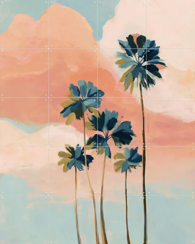 IXXI Sunset Palms, Branka Kodžoman - 80 x 100 cm - Grote wanddecoratie en posters - Speels, Kleurrijk, Slaapkamer, Gang, Woonkamer, Strandhuis Blauw / Roze