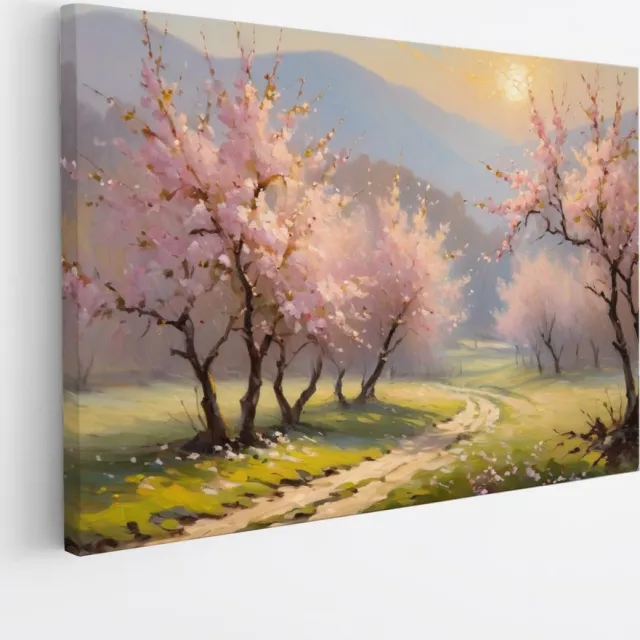 Saammp Canvas Schilderij - Roze bomen in landschap - Abstract - 45x30 - Foto op canvas - Wanddecoratie - Muurdecoratie Woonkamer - Kantoor Decoratie Multicolor